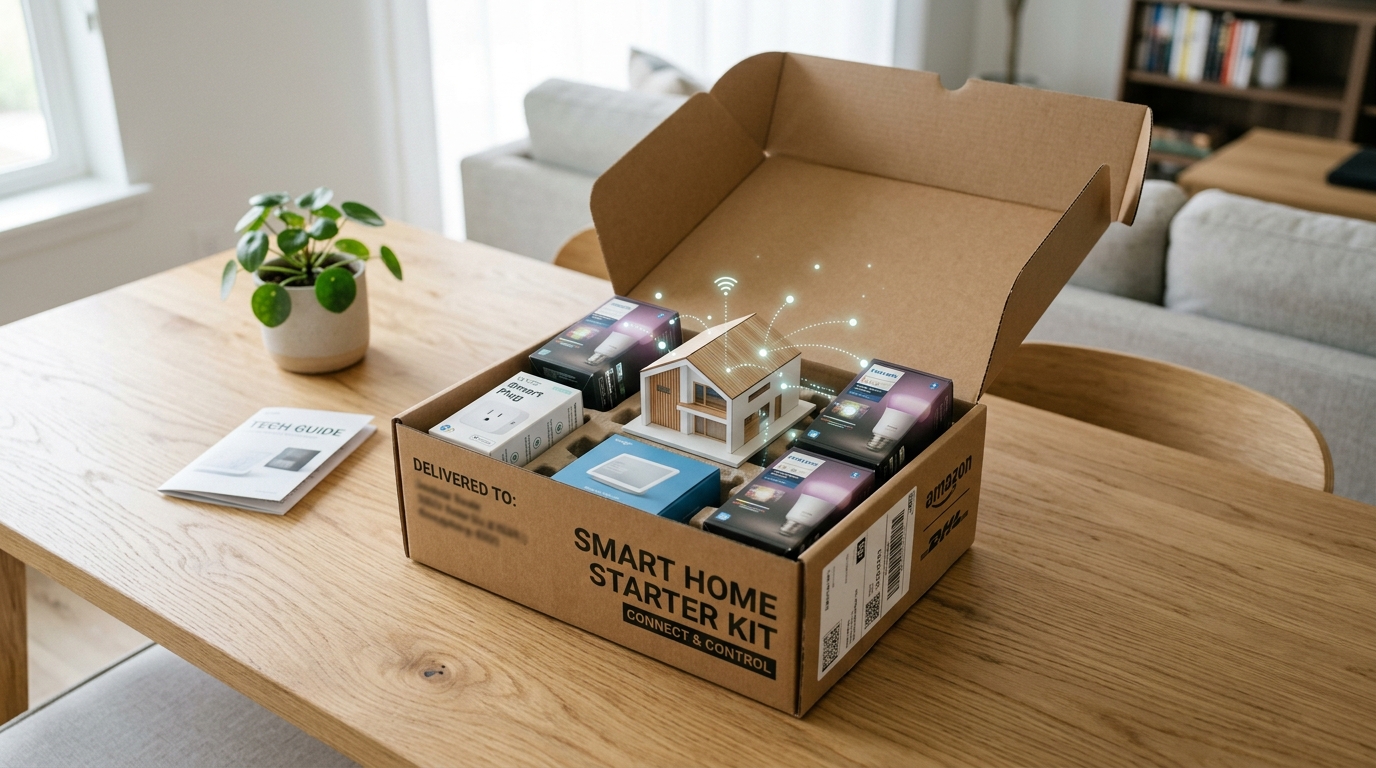 Un carton rempli d'objets connectés et d'une maison miniature pour créer une maison intelligente.