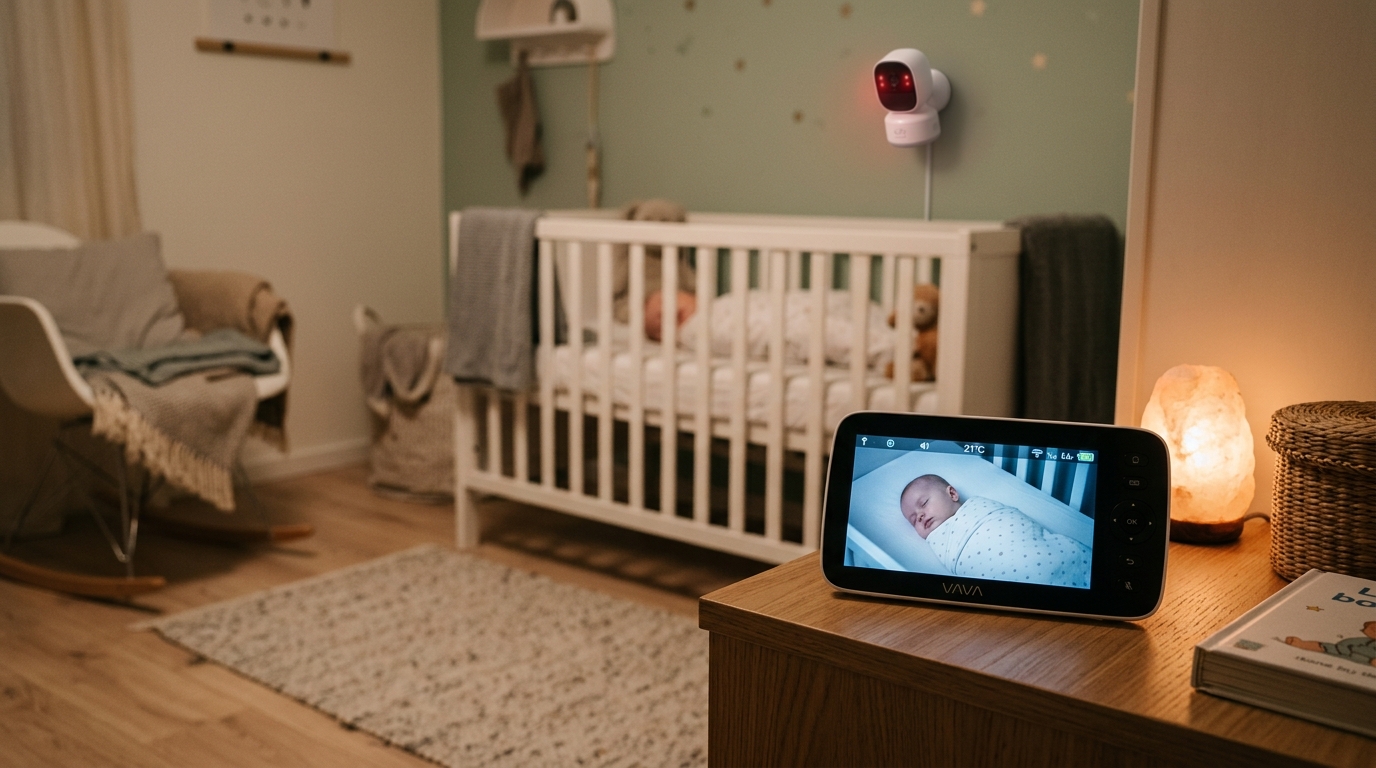 Moniteur bébé portable Yonis Shop avec écran couleur affichant simultanément vision nocturne, température de la chambre, communication bidirectionnelle et indicateurs d'autonomie.