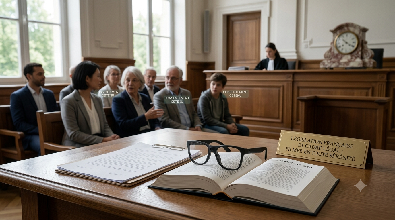 Cette image illustre le cadre légal français lié aux caméras espions, en mettant en scène des lunettes caméra posées sur un livre de loi et un dossier juridique dans une salle d'audience.