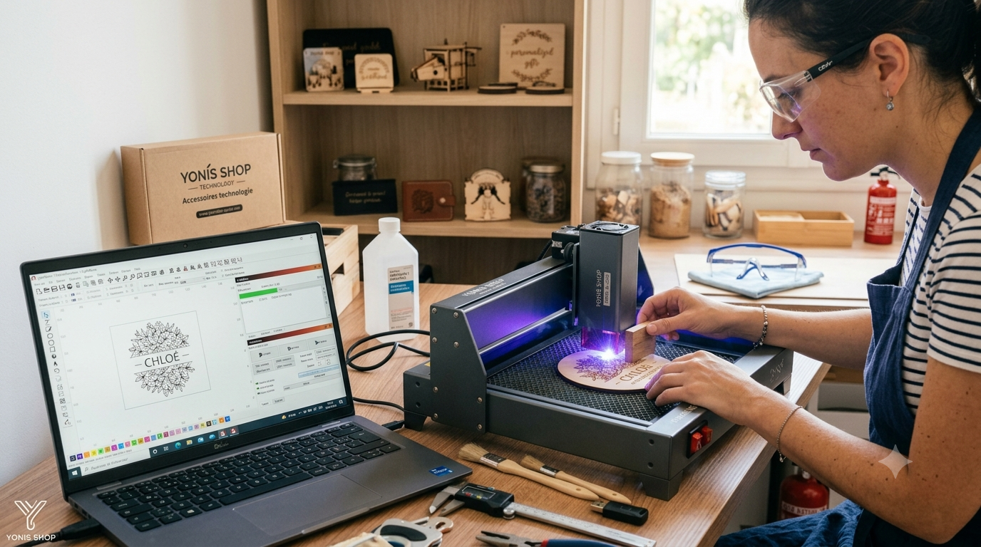 Une créatrice portant des lunettes de protection utilise un graveur laser domestique pour marquer un disque en bois, avec un ordinateur portable affichant le design "CHLOÉ" et divers outils sur un plan de travail en bois.